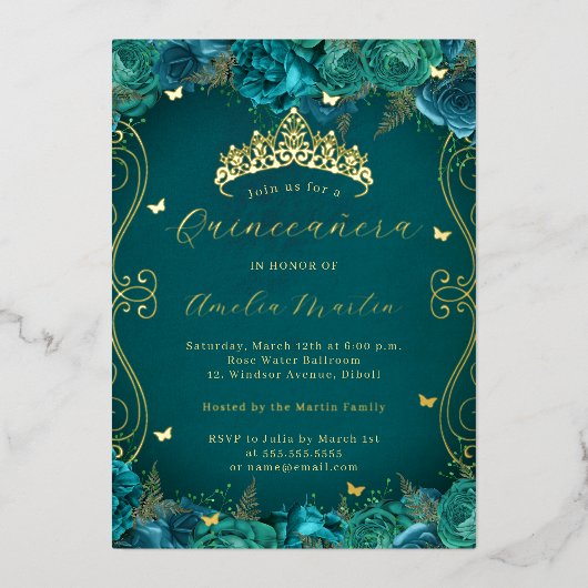 Invitation En Aluminium Flore Turquoise or Scroll Quinceanera (Recto)