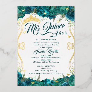 Invitation En Aluminium Flore turquoise Scroll Mis Quince Quinceanera