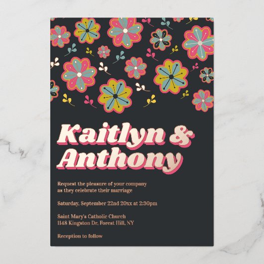 Invitation En Aluminium Flower Power 70's Retro Super Mariage Real (Recto)