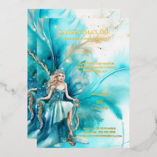 Invitation En Aluminium Foil aquarelle princesse turquoise or fleuri