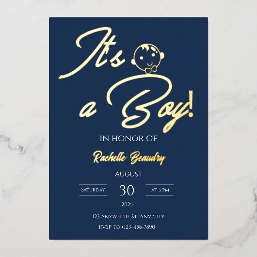 Invitation En Aluminium Foil Baby Shower Card – Blue Theme (Recto)