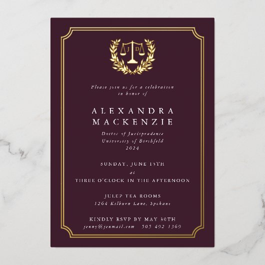 Invitation En Aluminium Foil+Burgundy JD Law School Graduation Party (Recto)