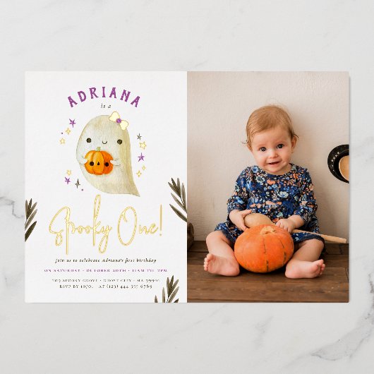 Invitation En Aluminium Foil Éffrayant One Girl Halloween 1er Anniversaire (Recto)