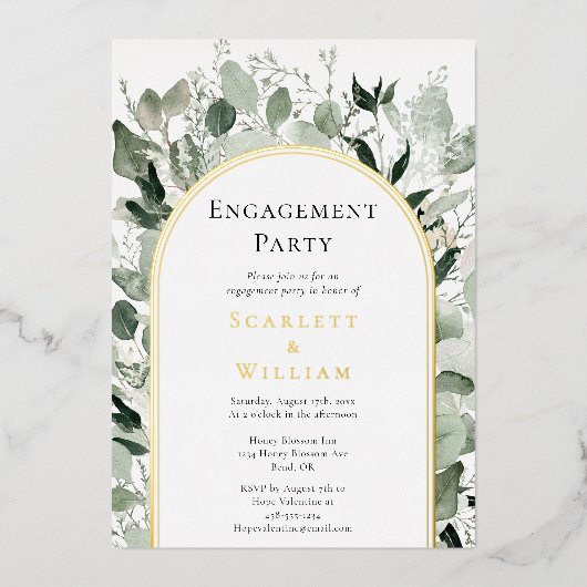 Invitation En Aluminium FOIL Eucalyptus Green Gold Engagement Party (Recto)