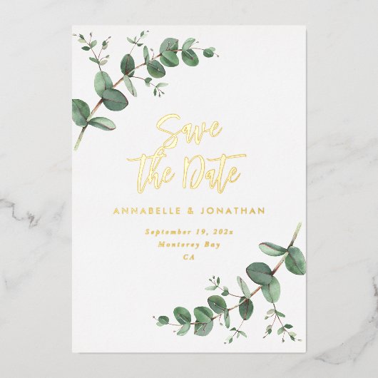 Invitation En Aluminium foil Eucalyptus mariage moderne enregistrer la dat (Recto)