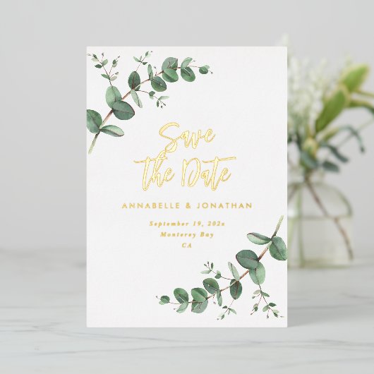 Invitation En Aluminium foil Eucalyptus mariage moderne enregistrer la dat (Debout devant)