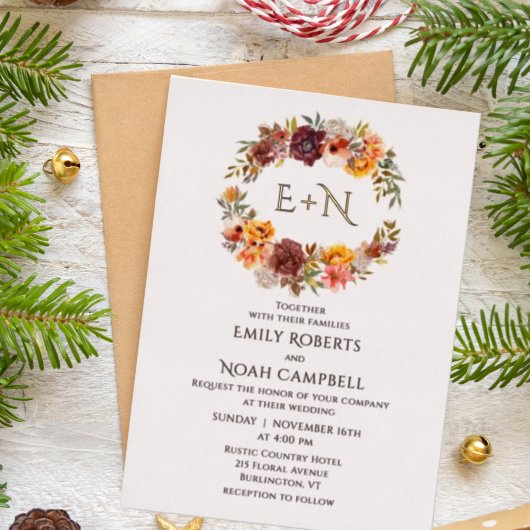 Invitation En Aluminium Foil Monogram Autumn Rustic Plum Floral Wedding