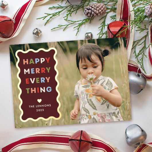 Invitation En Aluminium Foil Red Happy Merry Wavy Christmas Photo Card