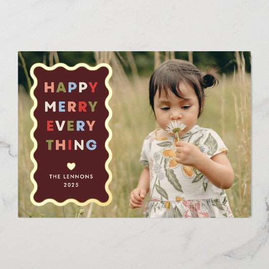 Invitation En Aluminium Foil Red Happy Merry Wavy Christmas Photo Card (Recto)
