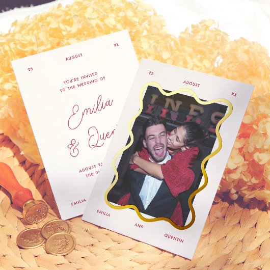 Invitation En Aluminium Foil Wavy Frame Retro Photo Wedding