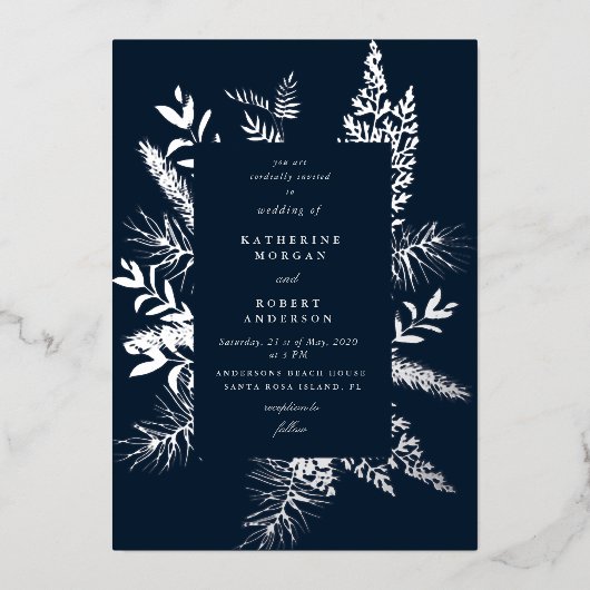 Invitation En Aluminium Foliage d'hiver Bleu foncé Mariage élégant (Recto)