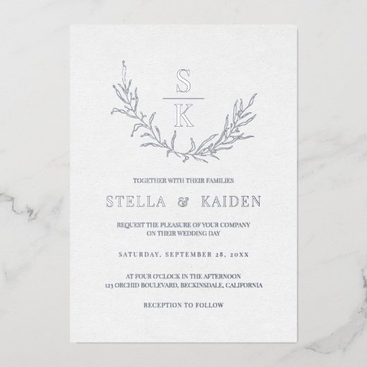 Invitation En Aluminium Foliage moderne Feuille Line Art Mariage élégant (Recto)