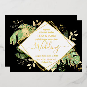 Invitation En Aluminium Foliage Tropical Noir & Or Mariage géométrique