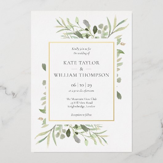 Invitation En Aluminium Foliage verdoyant Photo Mariage Elegant Gold (Recto)