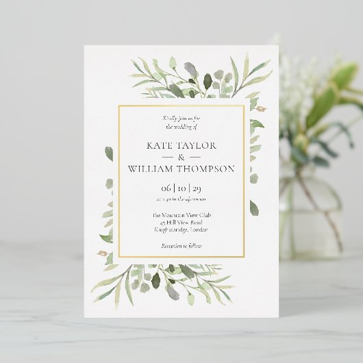 Invitation En Aluminium Foliage verdoyant Photo Mariage Elegant Gold (Debout devant)