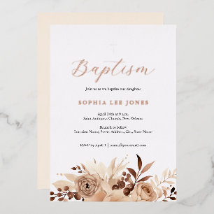 Invitation En Aluminium Folie de baptême à l'aquarelle bohème florale beig