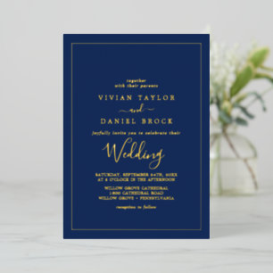 Invitation En Aluminium Fond d'or minimaliste   Mariage bleu marine