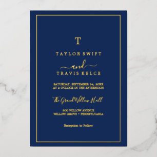 Invitation En Aluminium Fond d'or minimaliste   Mariage de monogramme bleu