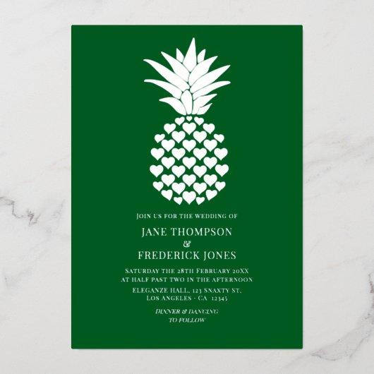 Invitation En Aluminium Forest Green & Silver Tropical Pineapple Wedding (Recto)