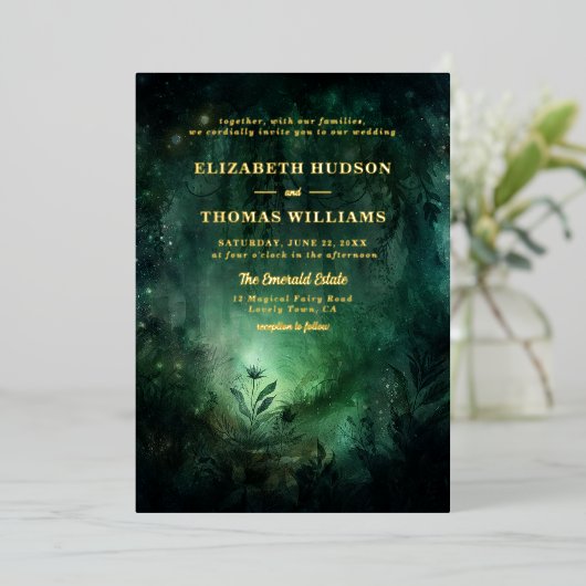 Invitation En Aluminium Forêt enchantée Emerald Gold Chic Mariage élégant (Debout devant)