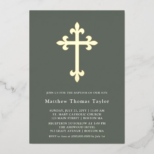 Invitation En Aluminium Forêt Green Gold Cross Baptême (Recto)