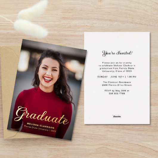 Invitation En Aluminium Formal Elegant Gold Script Photo Graduation