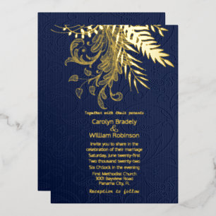 Invitation En Aluminium Fougères dorées et feuillage sur mariage en damas