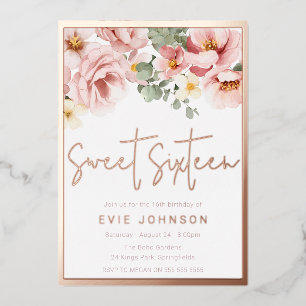 Invitation En Aluminium Fuchsia Floral Sweet 16 Fête Rose Gold