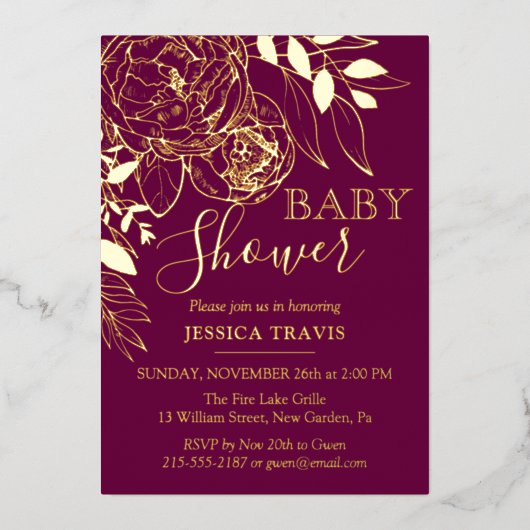 Invitation En Aluminium Fuchsia & Gold Modern Floral Baby shower (Recto)