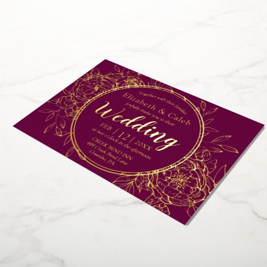 Invitation En Aluminium Fuchsia & Gold Peony Modern Toile Mariage (Rotation)