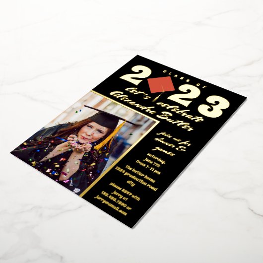 Invitation En Aluminium Fun Facts Photo Bold Script Class 2023 Graduation (Rotation)