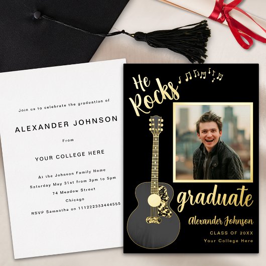 Invitation En Aluminium Fun Modern Graduate Photo Script noir et or