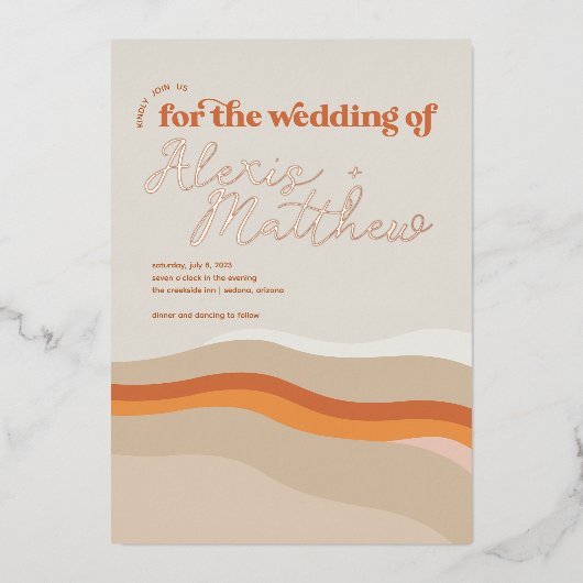 Invitation En Aluminium Funky Retro Orange Peach et Gold Desert Mariage (Recto)
