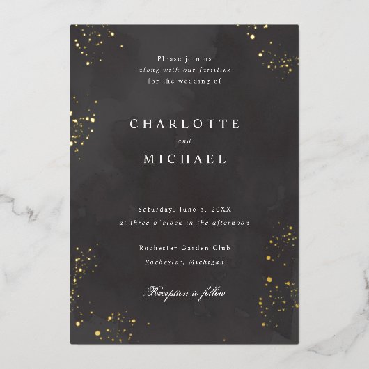 Invitation En Aluminium fusain noir aquarelle or mariage (Recto)