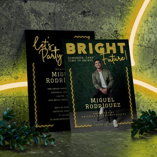 Invitation En Aluminium Futur brillant Yellow Neon Grad Photo Graduation
