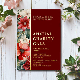 Invitation En Aluminium Gala de charité élégant floral rouge et vert