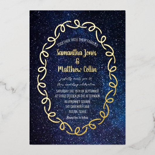 Invitation En Aluminium Galaxie céleste Cosmos Sky Gold Foil Mariage (Recto)