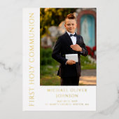 Invitation En Aluminium Garçon Photo moderne First Holy Communion Gold (Recto)