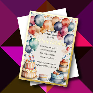 Invitation En Aluminium Gâteau Ballons Anniversaire Aquarelle Coloré