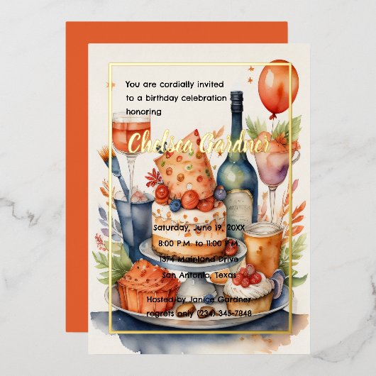 Invitation En Aluminium Gâteau de vin d'anniversaire à l'aquarelle Nourrit (Recto/Verso)