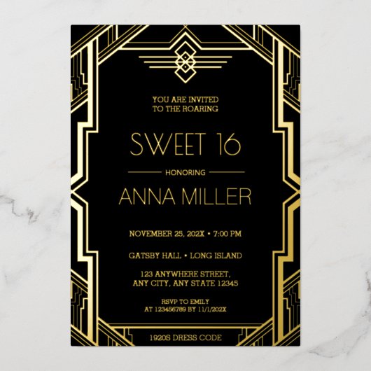 Invitation En Aluminium Gatsby Art Déco Black and Gold Sweet 16 (Recto)