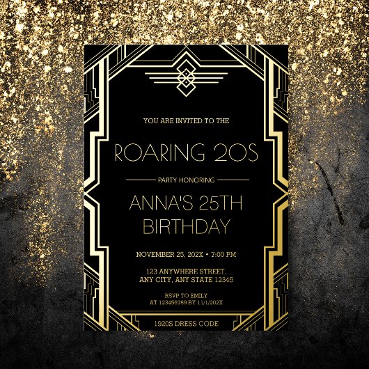 Invitation En Aluminium Gatsby Art Déco Fête d'anniversaire Noir et Or