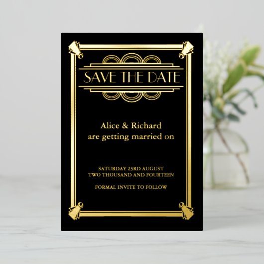 Invitation En Aluminium GATSBY ART DECO mariage ENREGISTRER LA DATE (Debout devant)