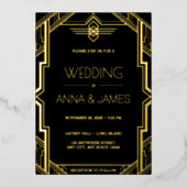 Invitation En Aluminium Gatsby Art Déco Mariage noir et or (Recto)