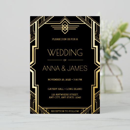 Invitation En Aluminium Gatsby Art Déco Mariage noir et or (Debout devant)