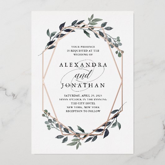Invitation En Aluminium Geo Blanc vert | Mariage or Rose (Recto)