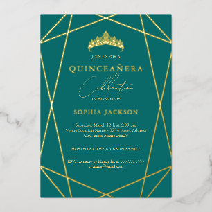 Invitation En Aluminium Géométrique Turquoise or élégant Quinceanera huile