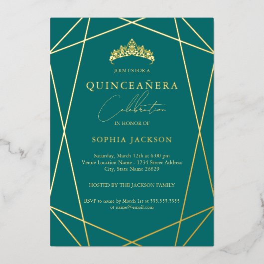 Invitation En Aluminium Géométrique Turquoise or élégant Quinceanera huile (Recto)