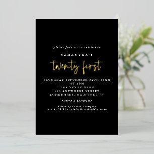 Invitation En Aluminium Glam 21e fête d'anniversaire Script Black Real
