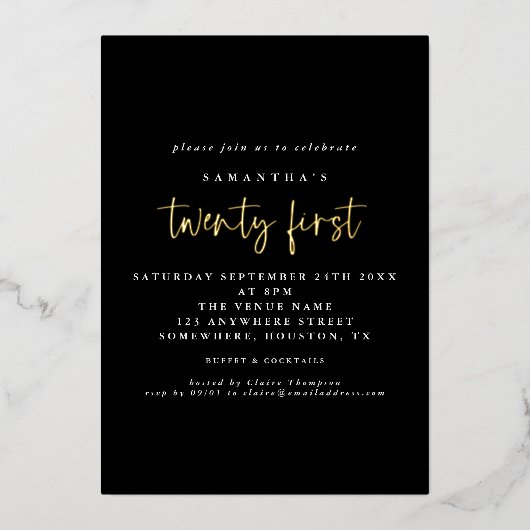 Invitation En Aluminium Glam 21e fête d'anniversaire Script Black Real (Recto)